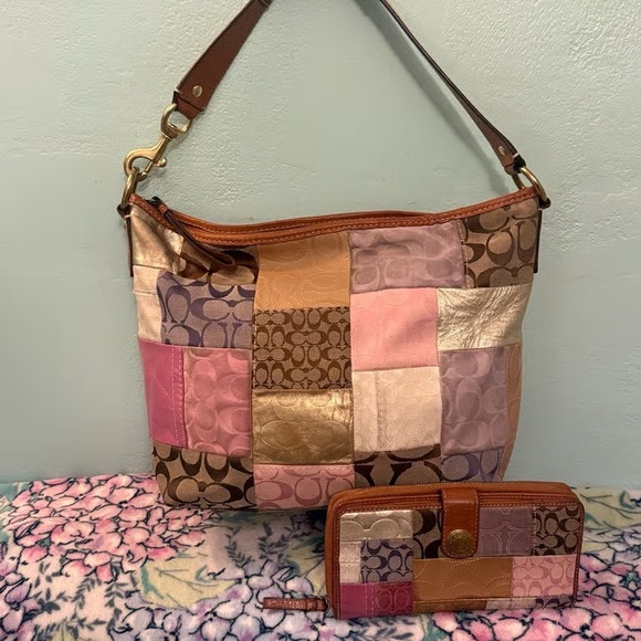 Coach Handbags - Coach Patchwork Shoulder Bag and Wallet — Pink, Brown, Gold